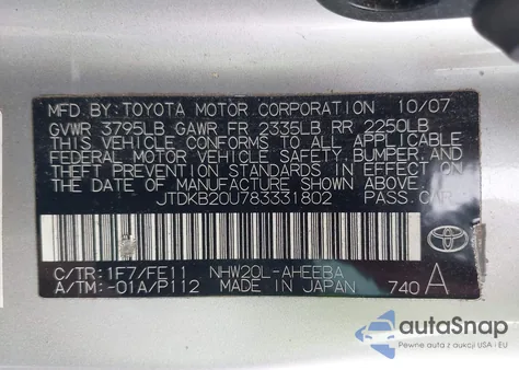 2008 Toyota Prius from USA, damaged, VIN JTDKB20U783331802